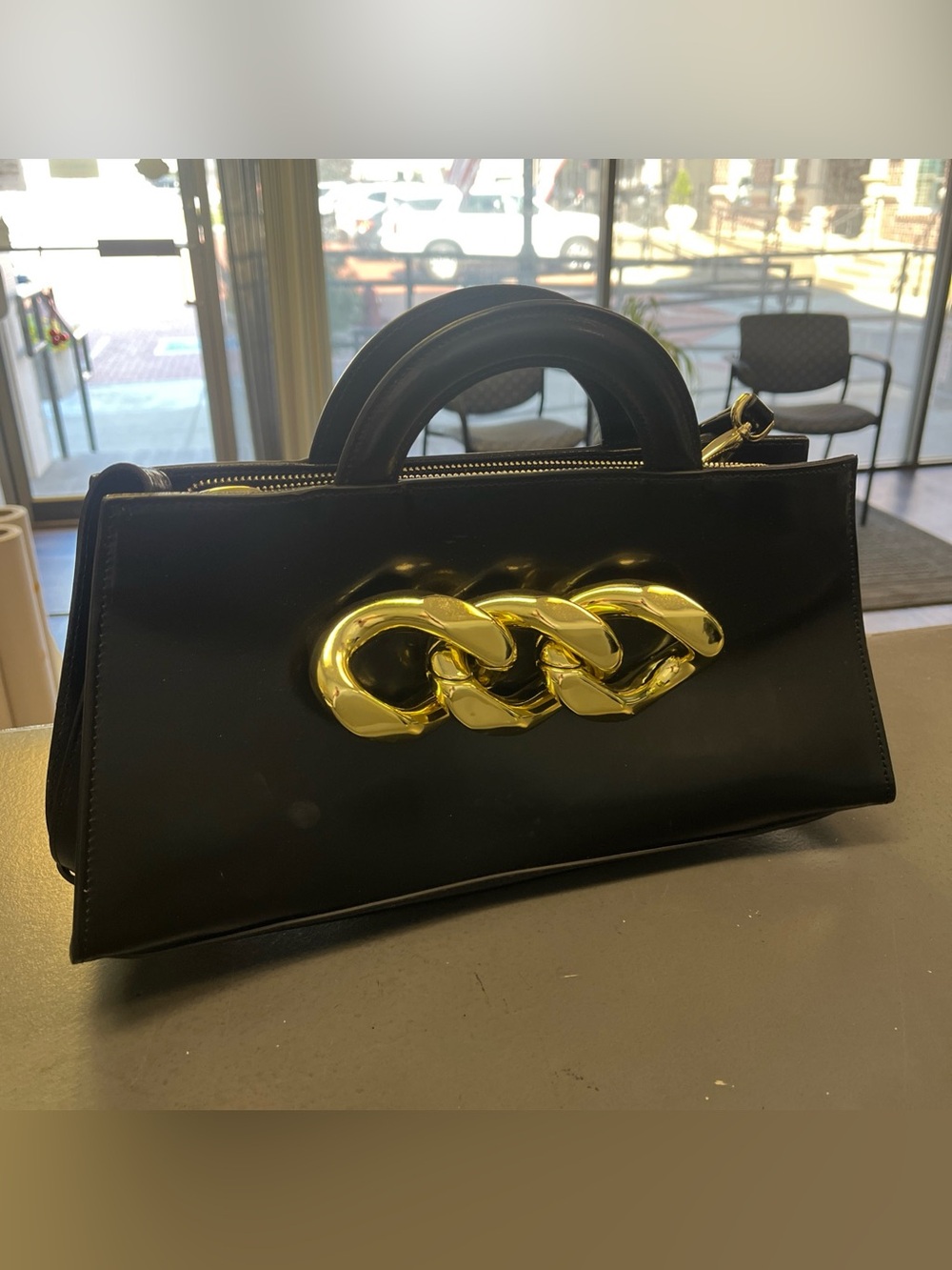 Claudia Firenze Italian Made Black Leather Shoulder Bag Purse Satchel Gold Chain